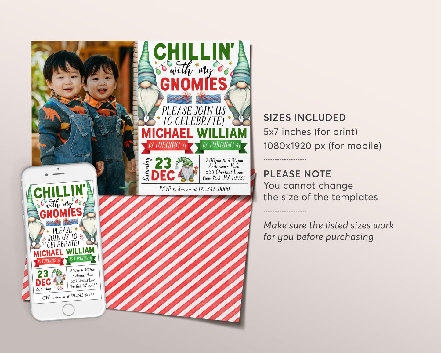 Gnome Joint Siblings Birthday Invitation With Photo Editable Template, Kids Twin Boys Chillin' with My Gnomies Party Invite, Gnomes Evite