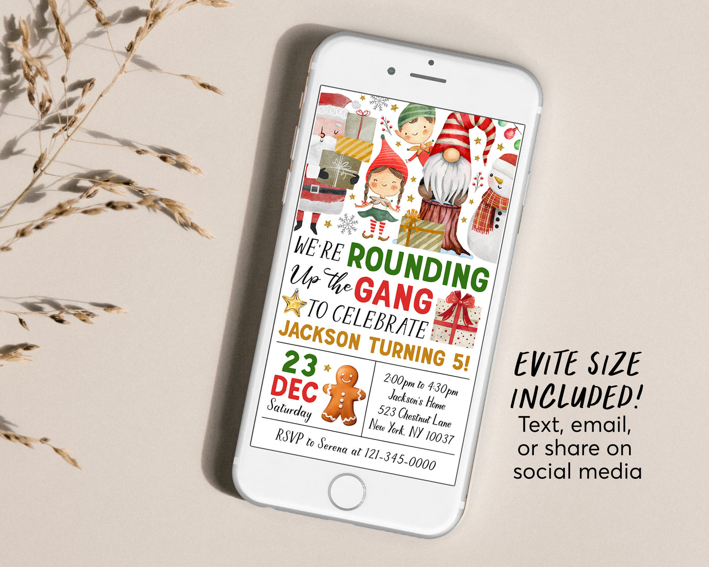 We're Rounding Up The Gang Birthday Invitation Editable Template, Santa's Crew Holiday Party Invite, Kids Merry Christmas Winter Evite