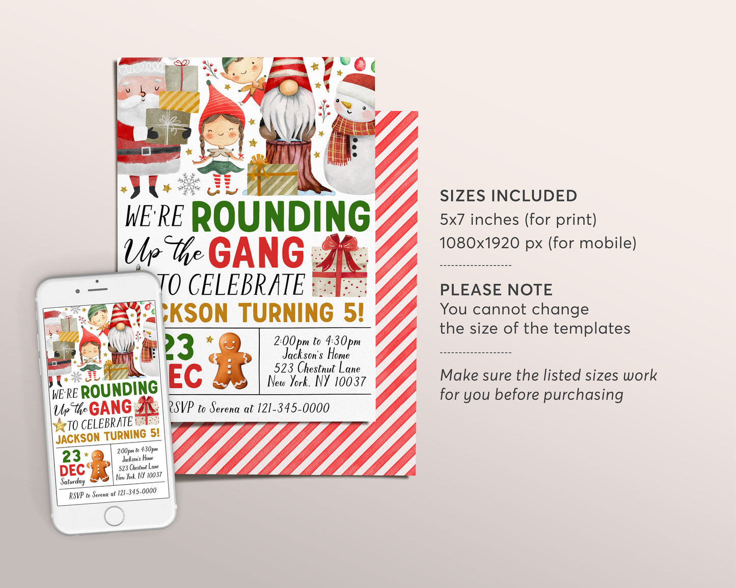 We're Rounding Up The Gang Birthday Invitation Editable Template, Santa's Crew Holiday Party Invite, Kids Merry Christmas Winter Evite