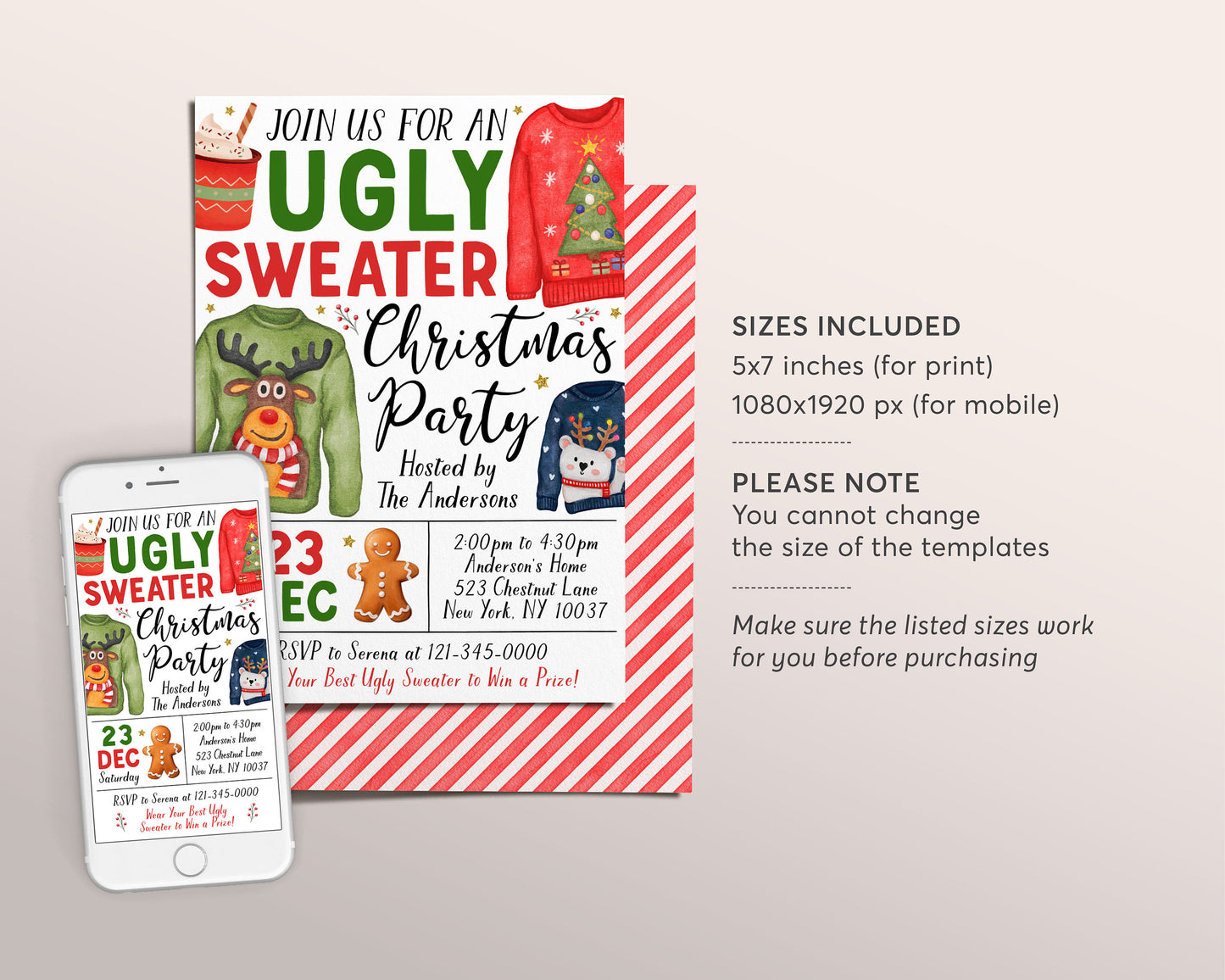 Ugly Sweater Christmas Party Invitation Editable Template, Holiday Party Invite For Adults And Kids Invite, Winter Celebration Festive Evite