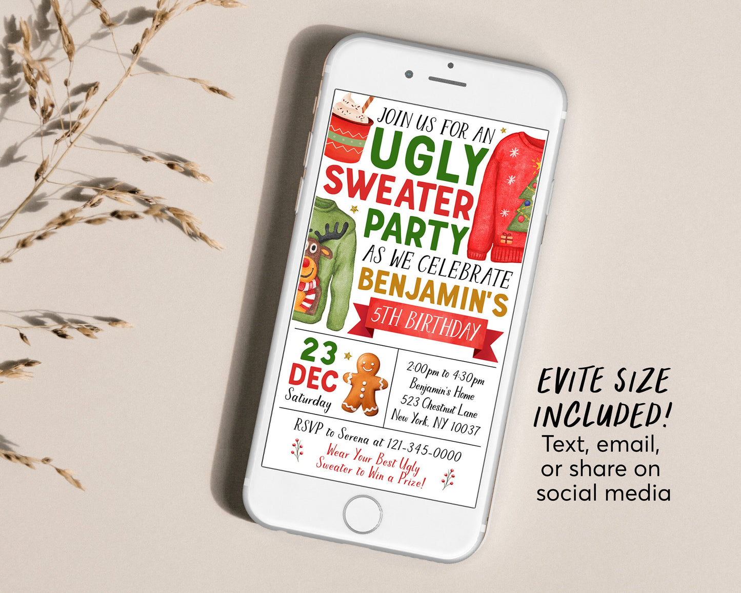 Ugly Sweater Birthday Party Invitation Editable Template, Kids Holiday Ugly Sweater Contest Invite, Winter Ugly And Bright Christmas Evite