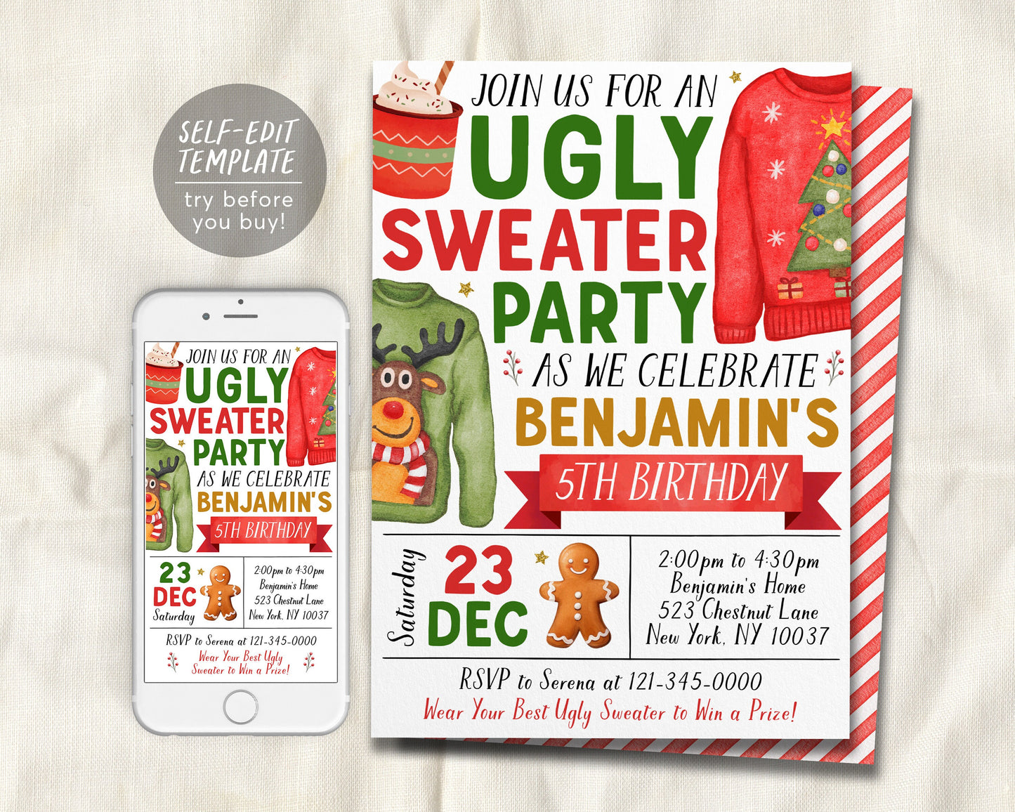 Ugly Sweater Birthday Party Invitation Editable Template