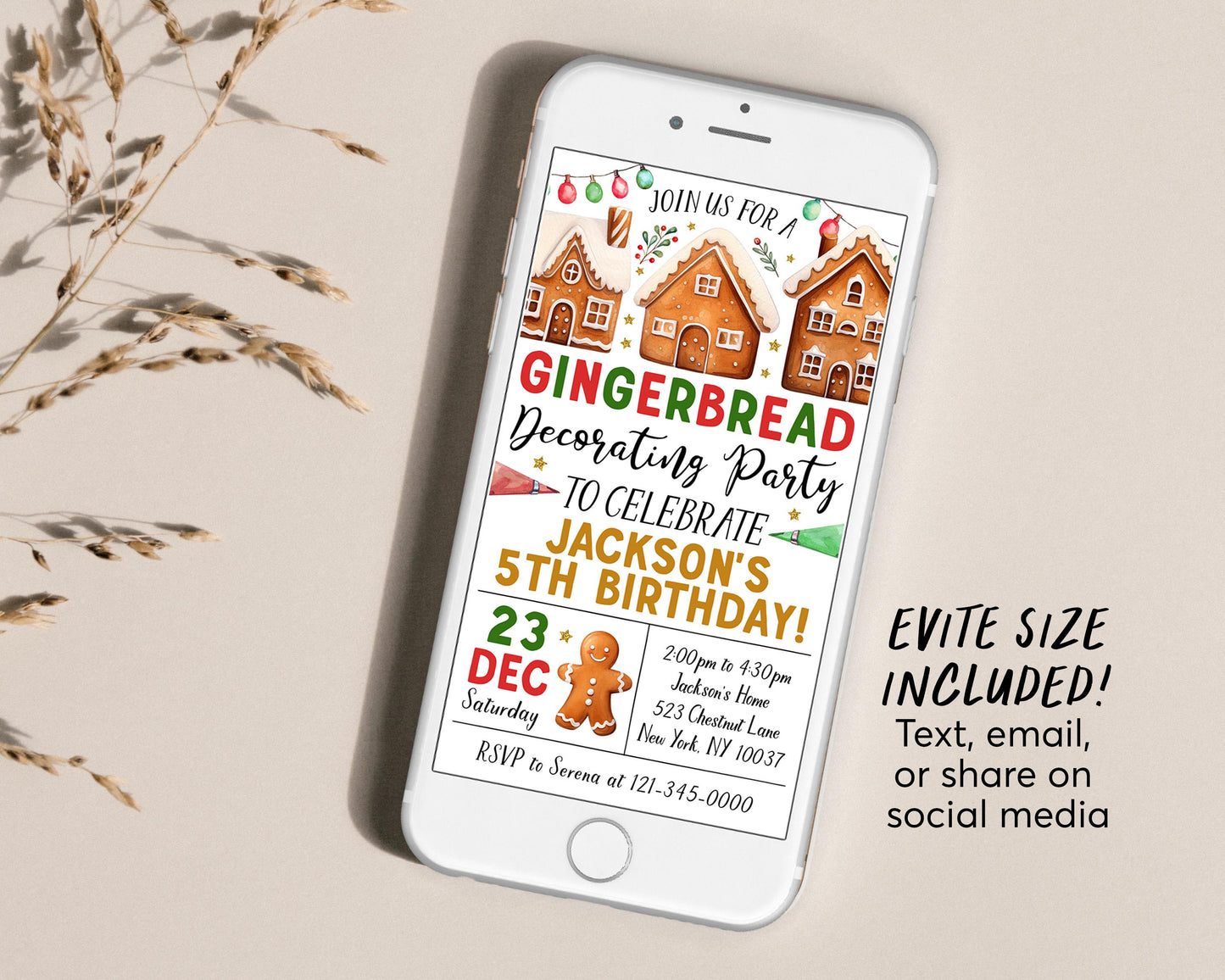 Gingerbread Decorating Birthday Invitation With Photo Editable Template, Christmas Gingerbread House Cookie Decorating Party Invite Evite