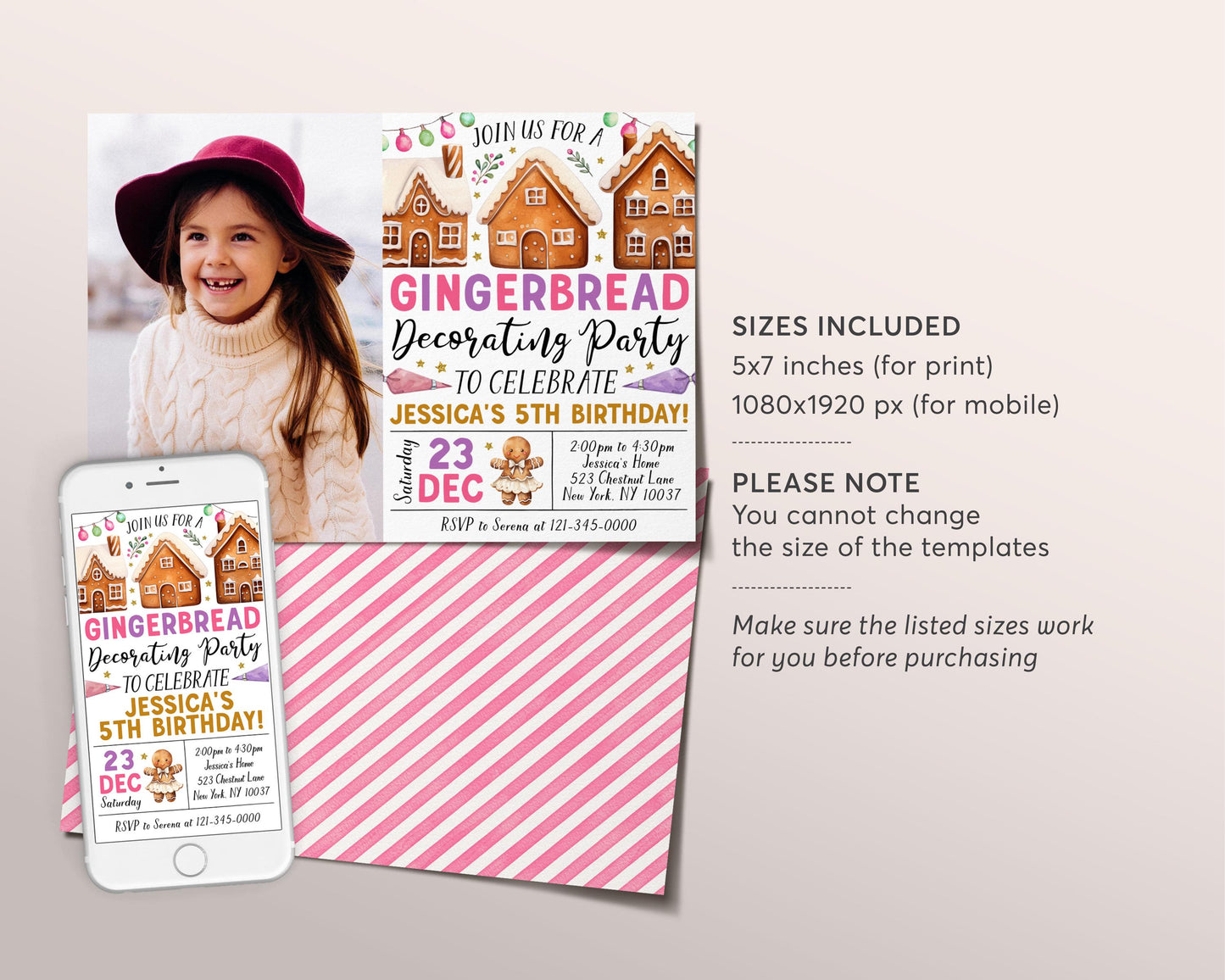 Gingerbread Decorating Birthday Invitation With Photo Editable Template, Girl Christmas Gingerbread House Cookie Decorating Party Invite