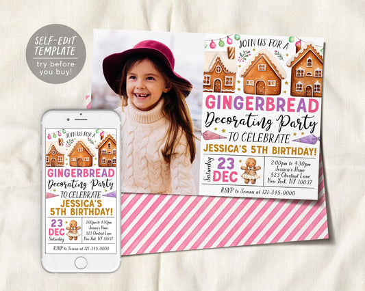 Gingerbread Decorating Birthday Invitation With Photo Editable Template