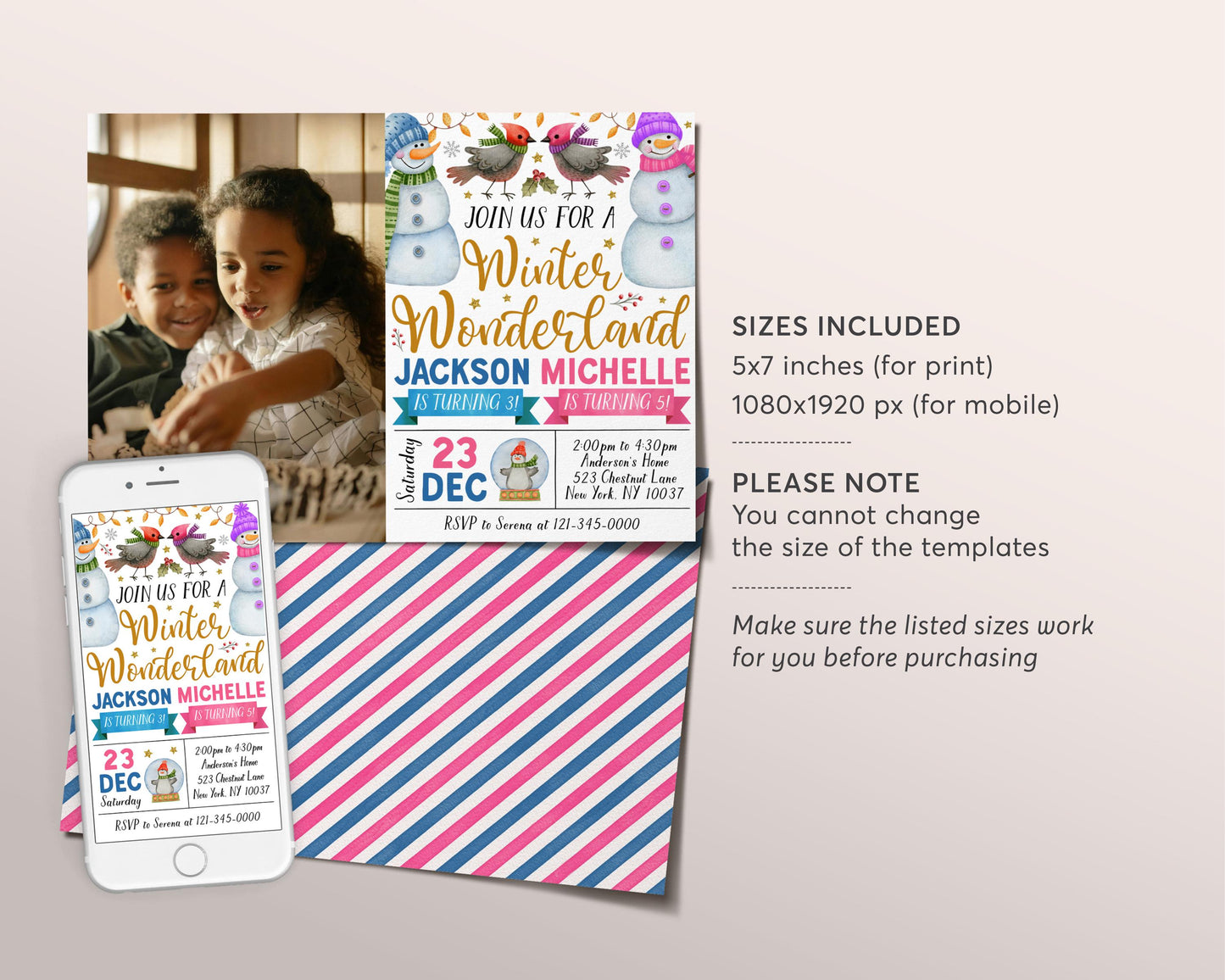 Winter Wonderland Joint Siblings Birthday Invitation With Photo Editable Template, Boy Girl Snowman Our Little Snowflake Party Snow Invite