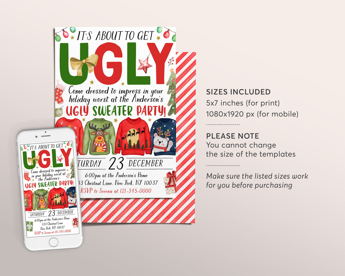 Ugly Sweater Christmas Party Invitation Editable Template, It's About To Get Ugly Holiday Party Invite For Adults And Kids, Winter Evite