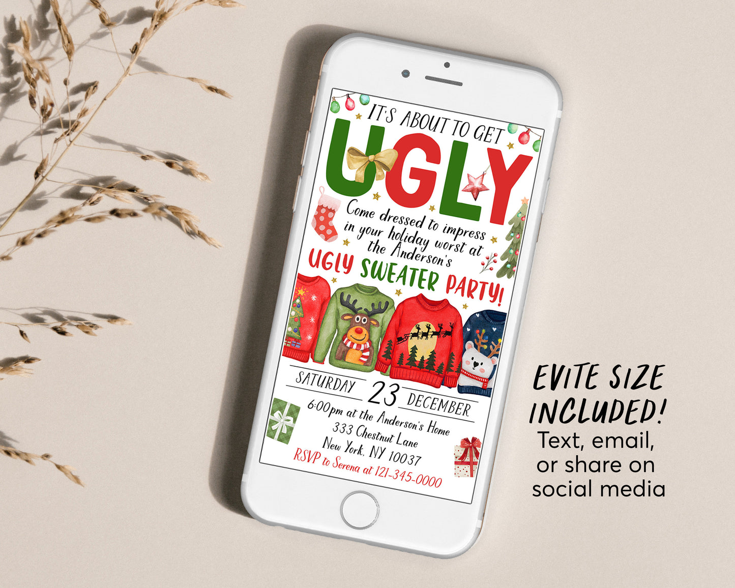 Ugly Sweater Christmas Party Invitation Editable Template, It's About To Get Ugly Holiday Party Invite For Adults And Kids, Winter Evite