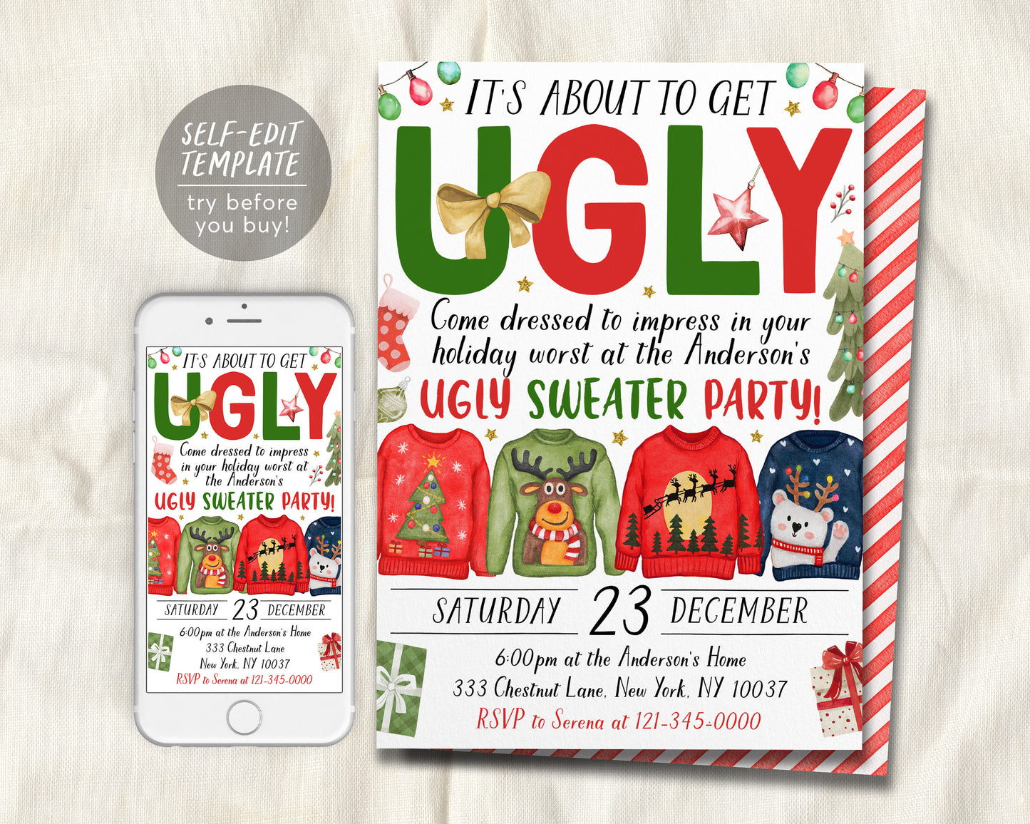 Ugly Sweater Christmas Party Invitation Editable Template