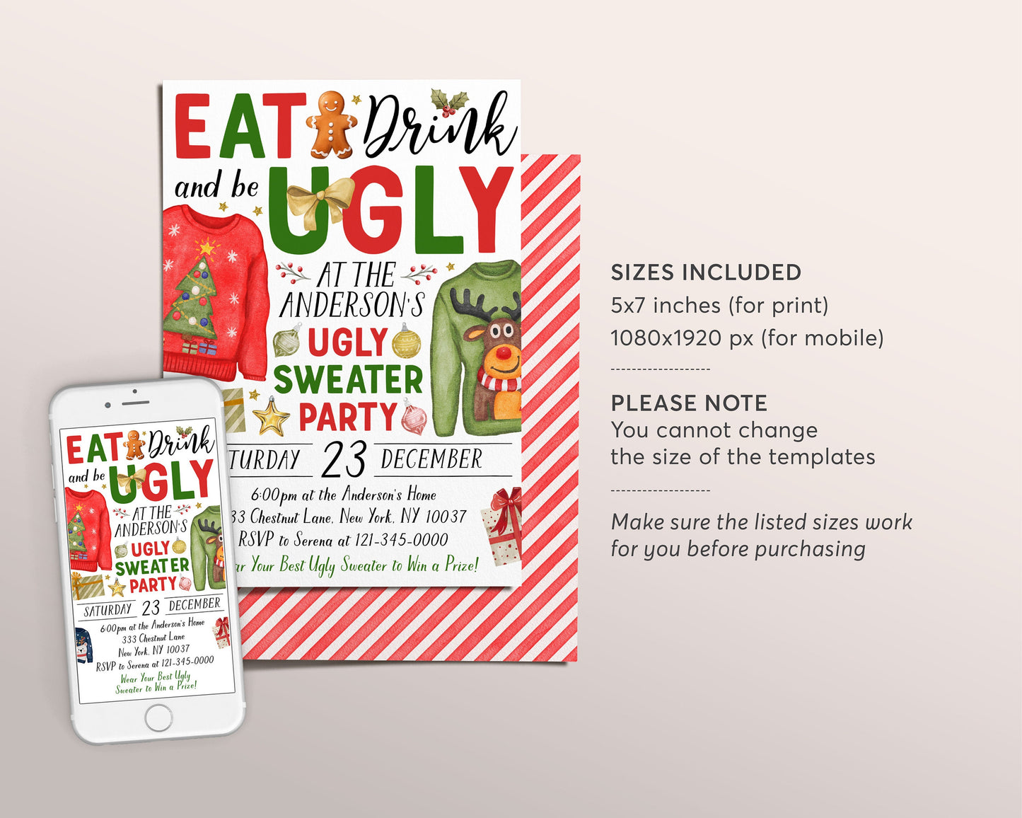 Ugly Sweater Christmas Party Invitation Editable Template, Eat Drink And Be Ugly Holiday Party Invite For Adults And Kids, Winter Evite