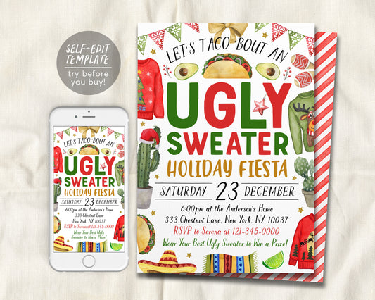 Ugly Sweater Fiesta Christmas Invitation Editable Template, Taco 'Bout An Xmas Party Invite For Adults, Feliz Navidad Holiday Fiesta Evite