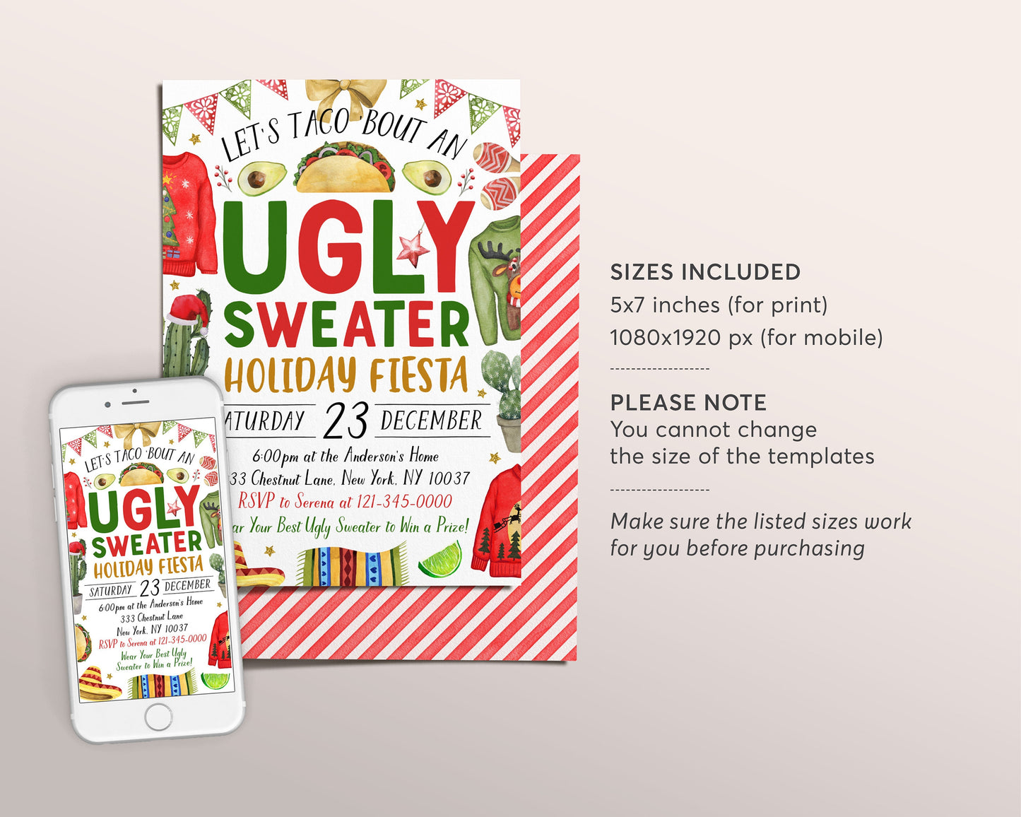 Ugly Sweater Fiesta Christmas Invitation Editable Template, Taco 'Bout An Xmas Party Invite For Adults, Feliz Navidad Holiday Fiesta Evite