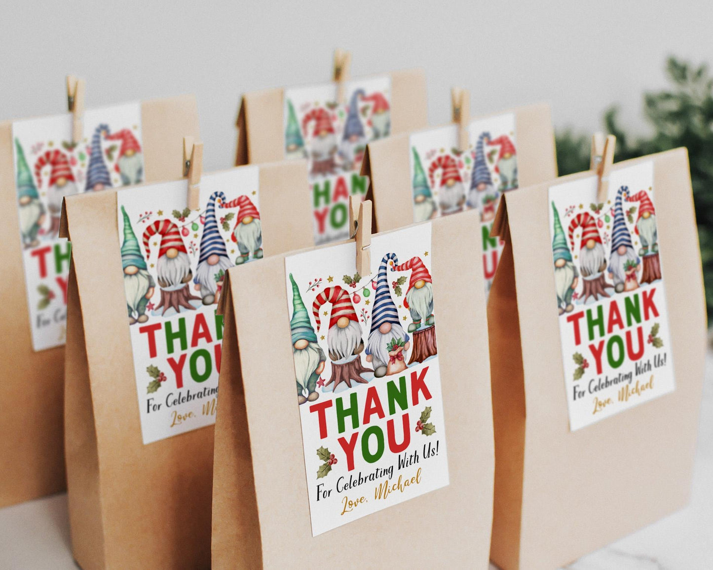 Gnomes Christmas Birthday Favor Tags Editable Template, Holiday Gnomes Party Thank You Gift Tag, Party Treat Bag Favor Tag, Garden Gnomes