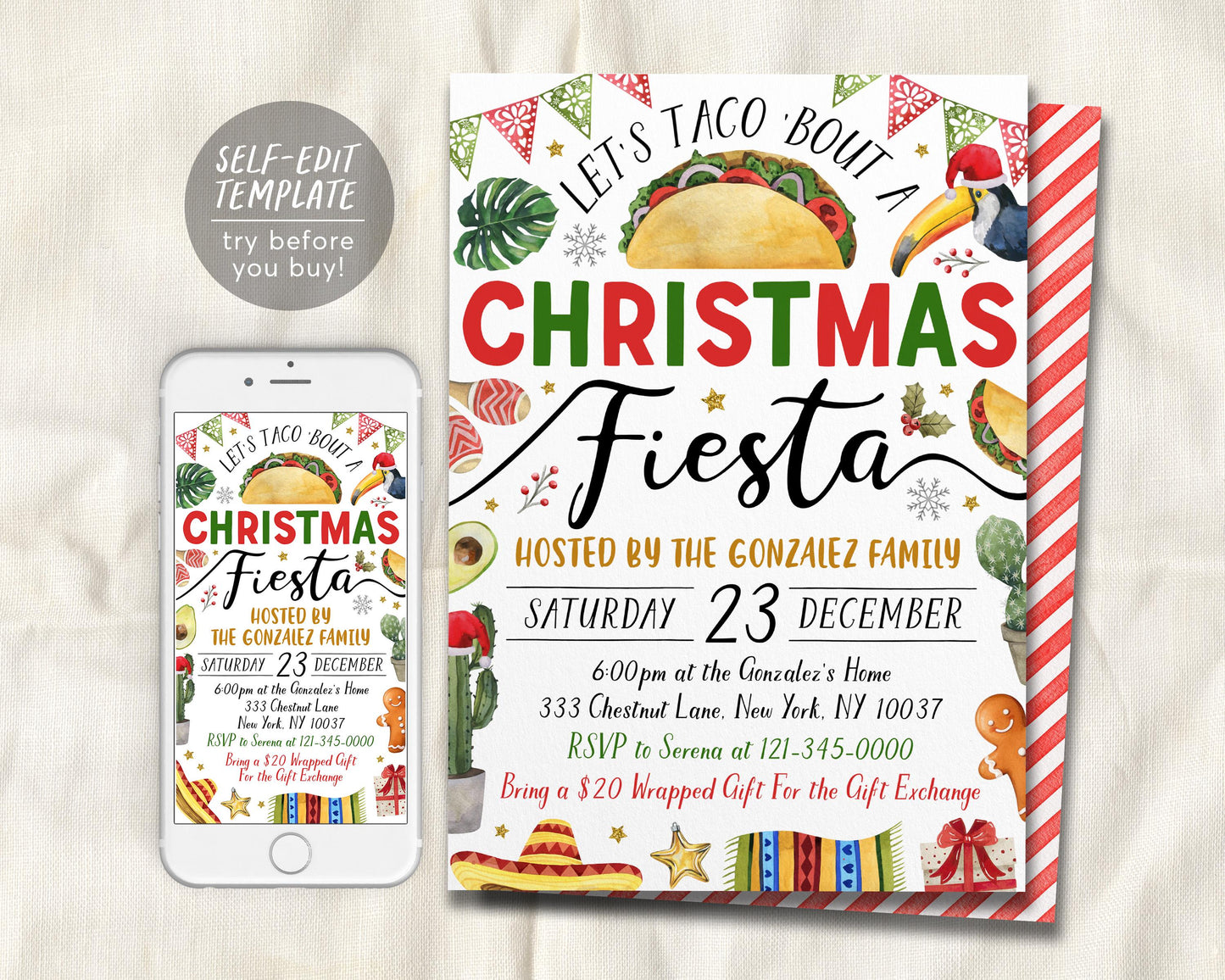 Taco Bout a Christmas Fiesta Invitation Editable Template