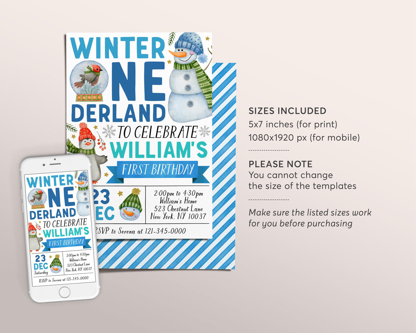 Winter Onederland First Birthday Invitation Editable Template, Boy Snowman Party Invite, Christmas Holiday Snow Much Fun Snowglobe Evite