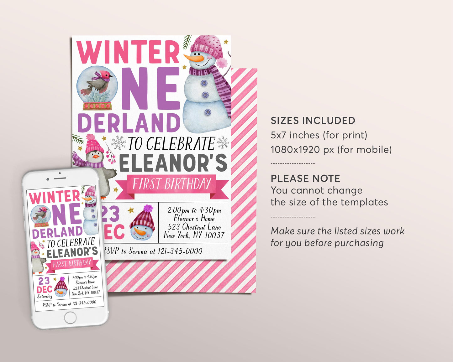 Winter Onederland First Birthday Invitation Editable Template, Girl Snowman Party Invite, Holiday Snow Much Fun Snowglobe Penguin Evite