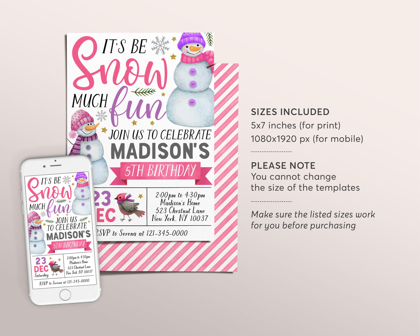 Snowman Birthday Invitation Editable Template, Girl Snow Much Fun Party Invite, Pink Christmas Holiday Winter Wonderland Evite Printable