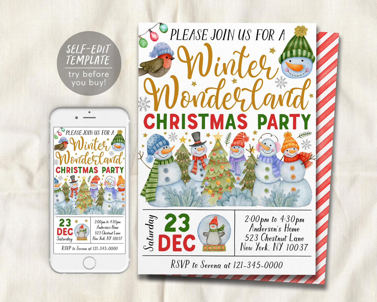 Snowman Christmas Party Invitation Editable Template