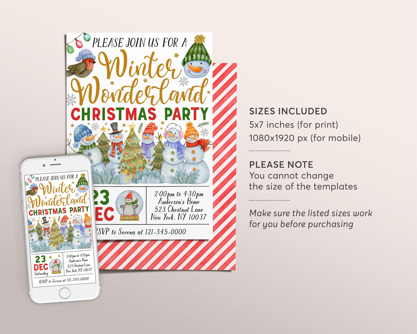 Snowman Christmas Party Invitation Editable Template, Holiday Winter Wonderland Party Invite, Festive Celebration Gift Exchange Evite