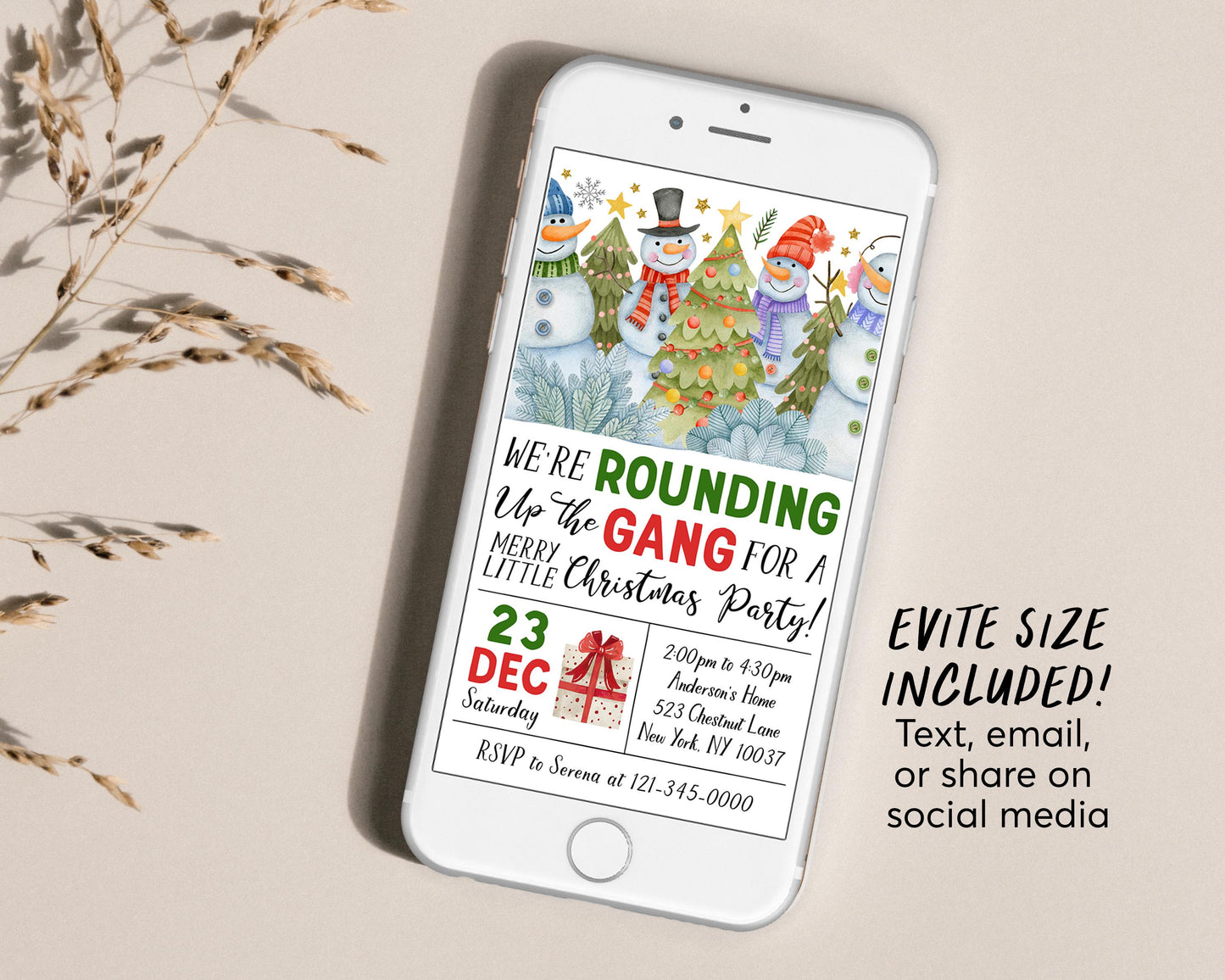 We're Rounding Up The Gang Christmas Party Invitation Editable Template, Snowman Friendsmas Holiday Party Invite, Merry Little Xmas Winter