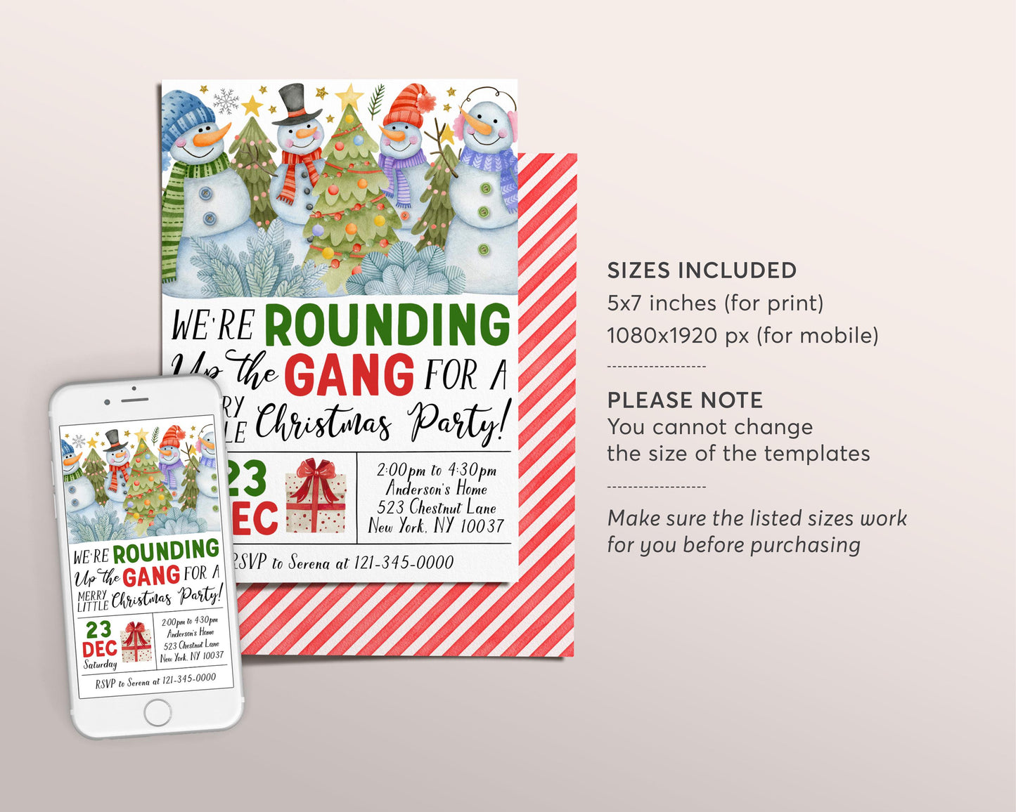 We're Rounding Up The Gang Christmas Party Invitation Editable Template, Snowman Friendsmas Holiday Party Invite, Merry Little Xmas Winter