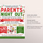 Christmas Parents Night Out Flyer Editable Template, Holiday Parents Night Out Fundraiser, Winter Date Night Daycare School Community Event