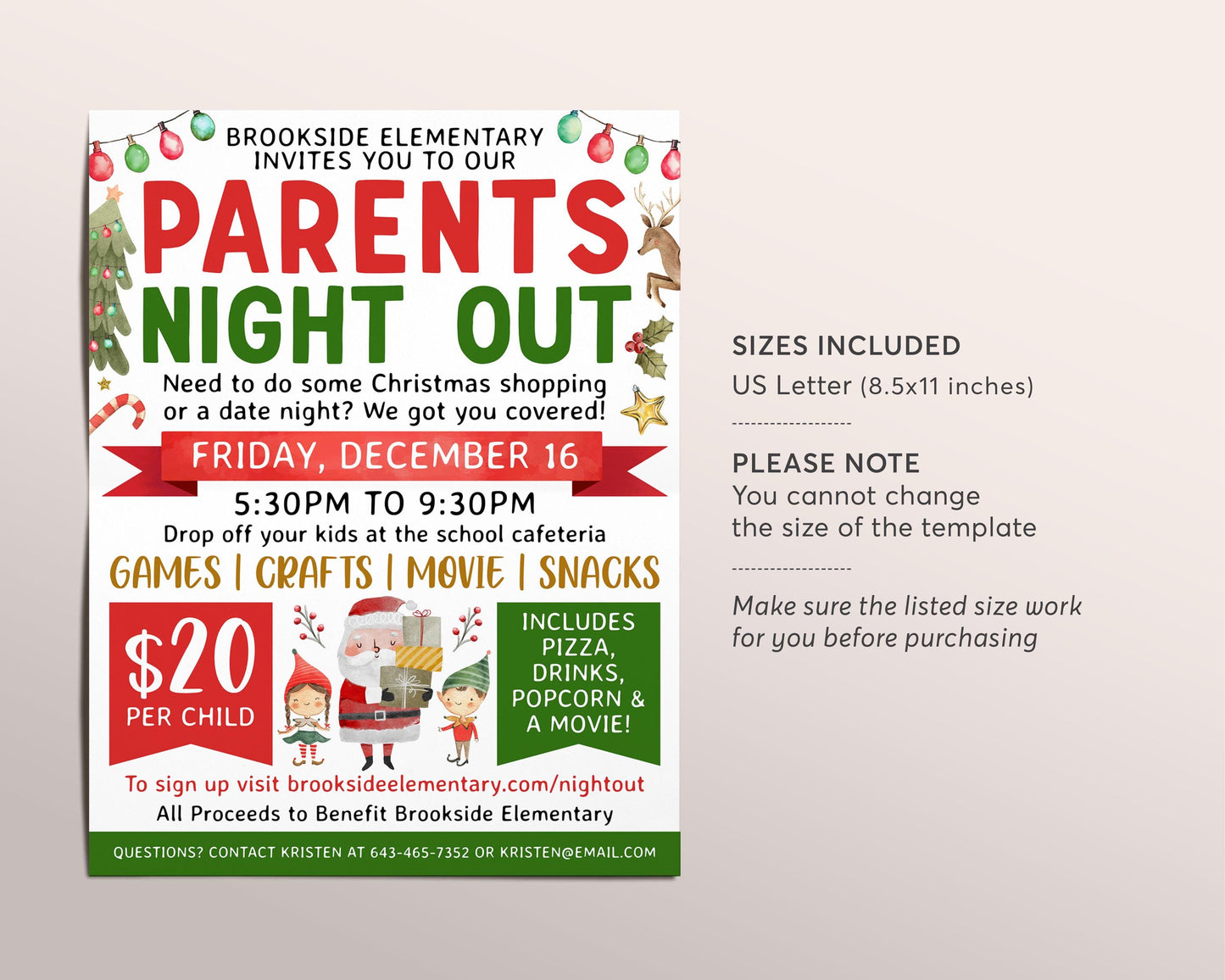 Christmas Parents Night Out Flyer Editable Template, Holiday Parents Night Out Fundraiser, Winter Date Night Daycare School Community Event