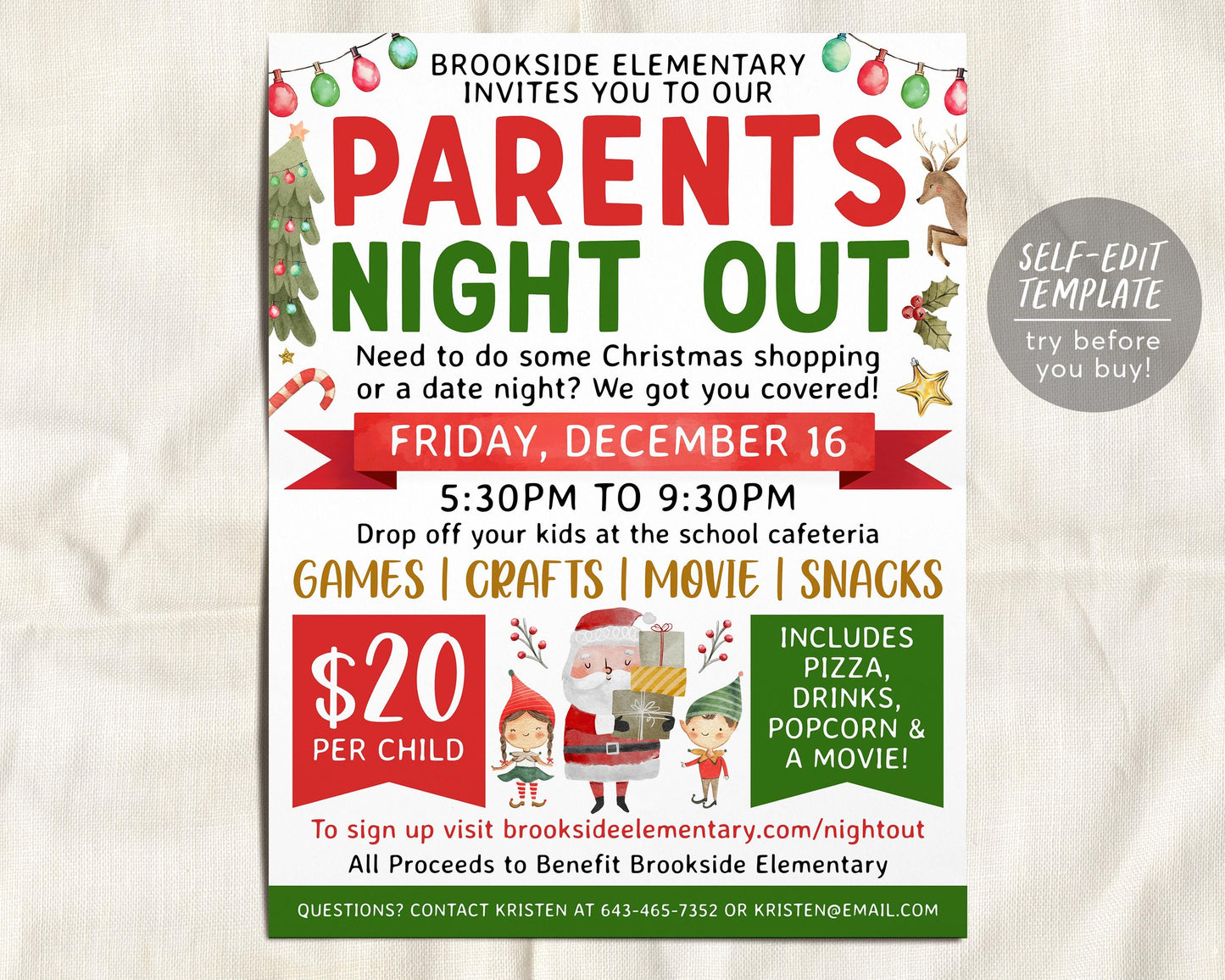 Christmas Parents Night Out Flyer Editable Template