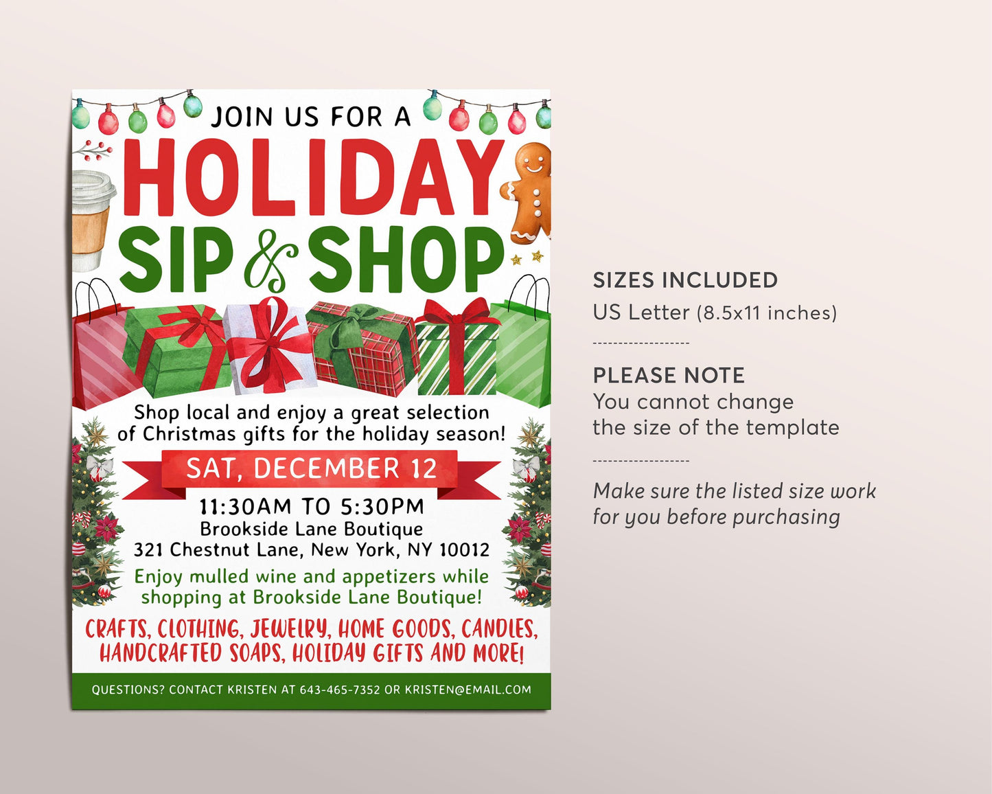 Sip and Shop Holiday Boutique Flyer Editable Template, Christmas Pop up Shop Shopping Event Invitation, Winter Open House Shopping Event