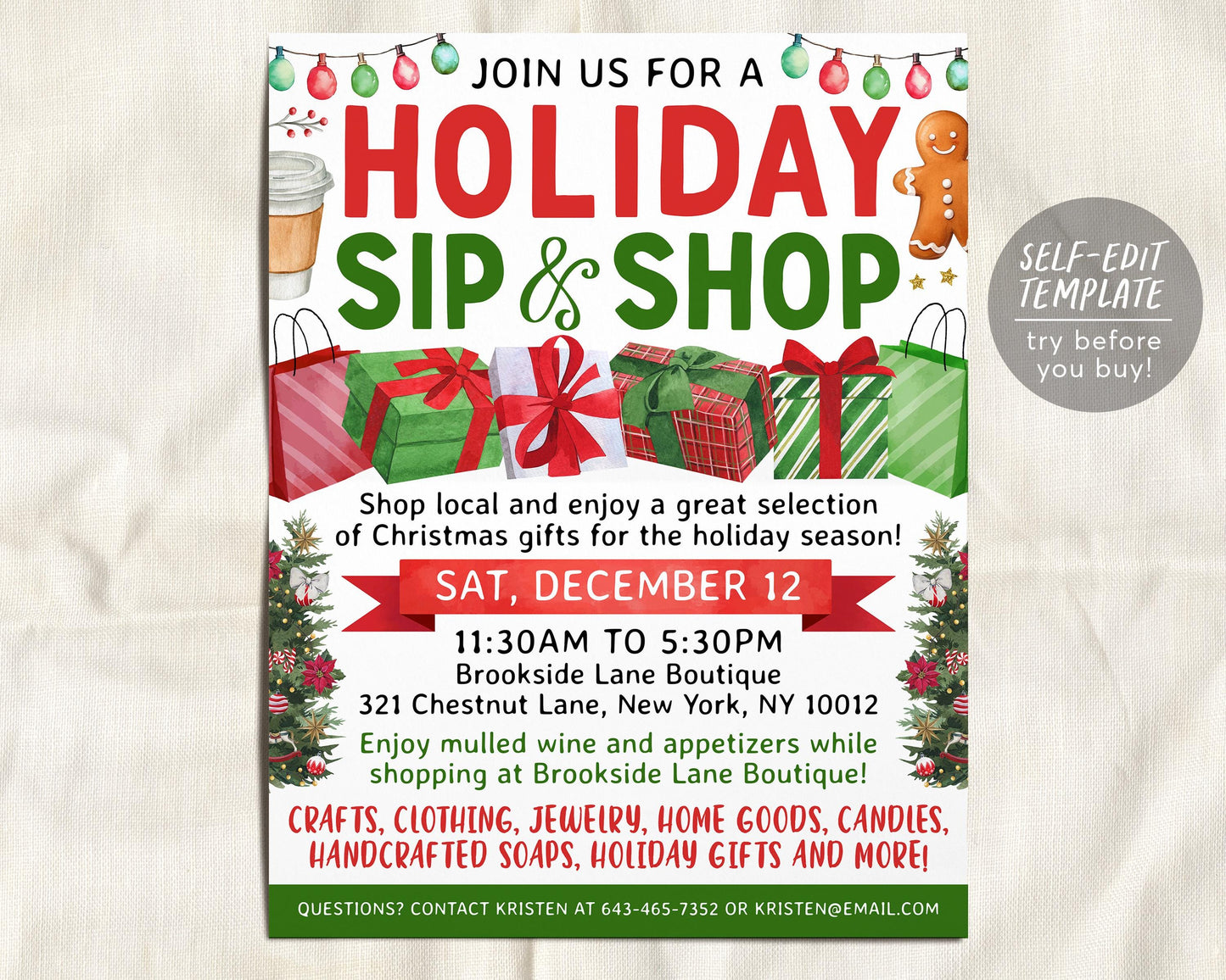 Sip and Shop Holiday Boutique Flyer Editable Template