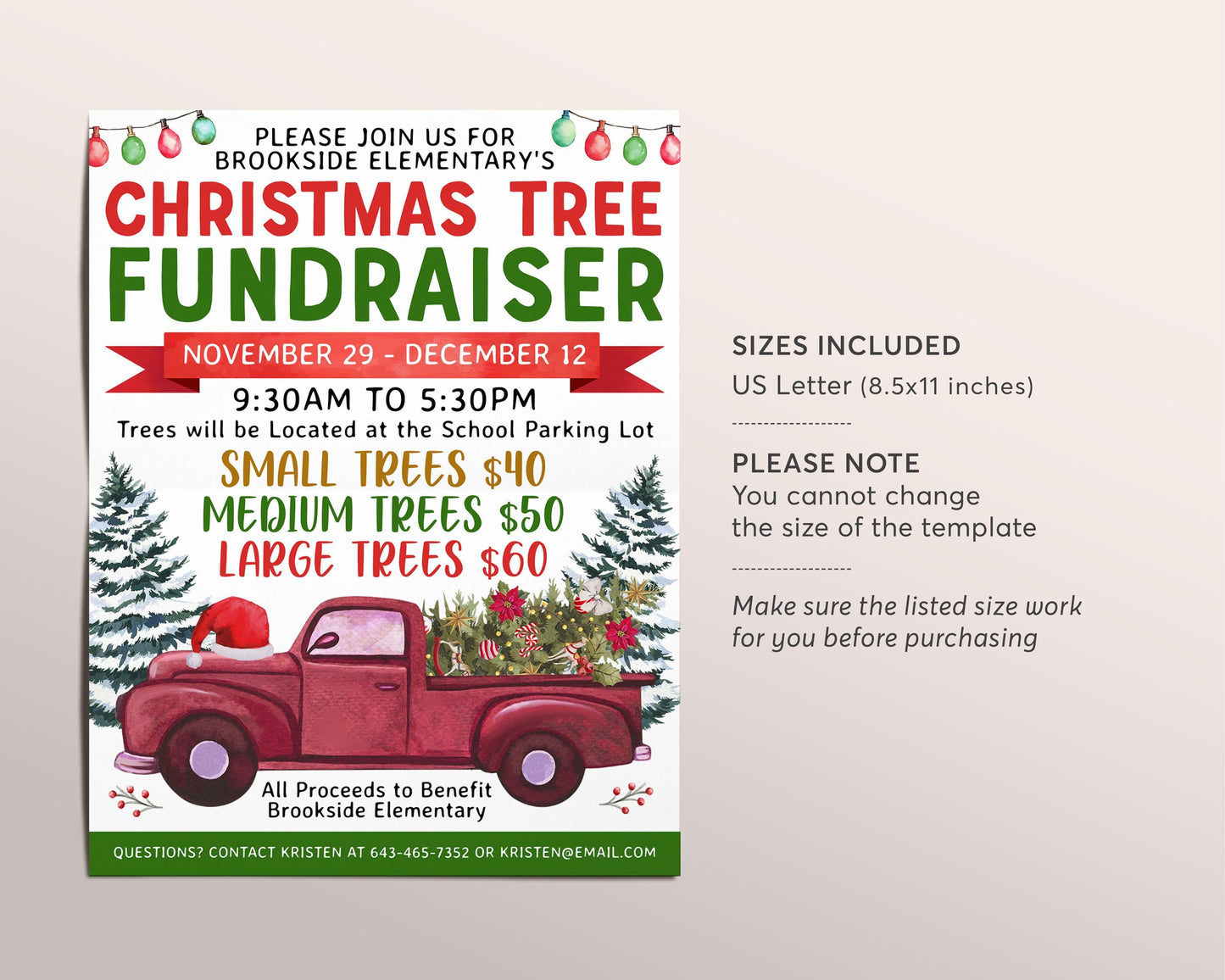 Christmas Tree Fundraiser Flyer Editable Template, Holiday Xmas Plant Shopping Pre-Order, Winter School Church PTO PTA Charity Community