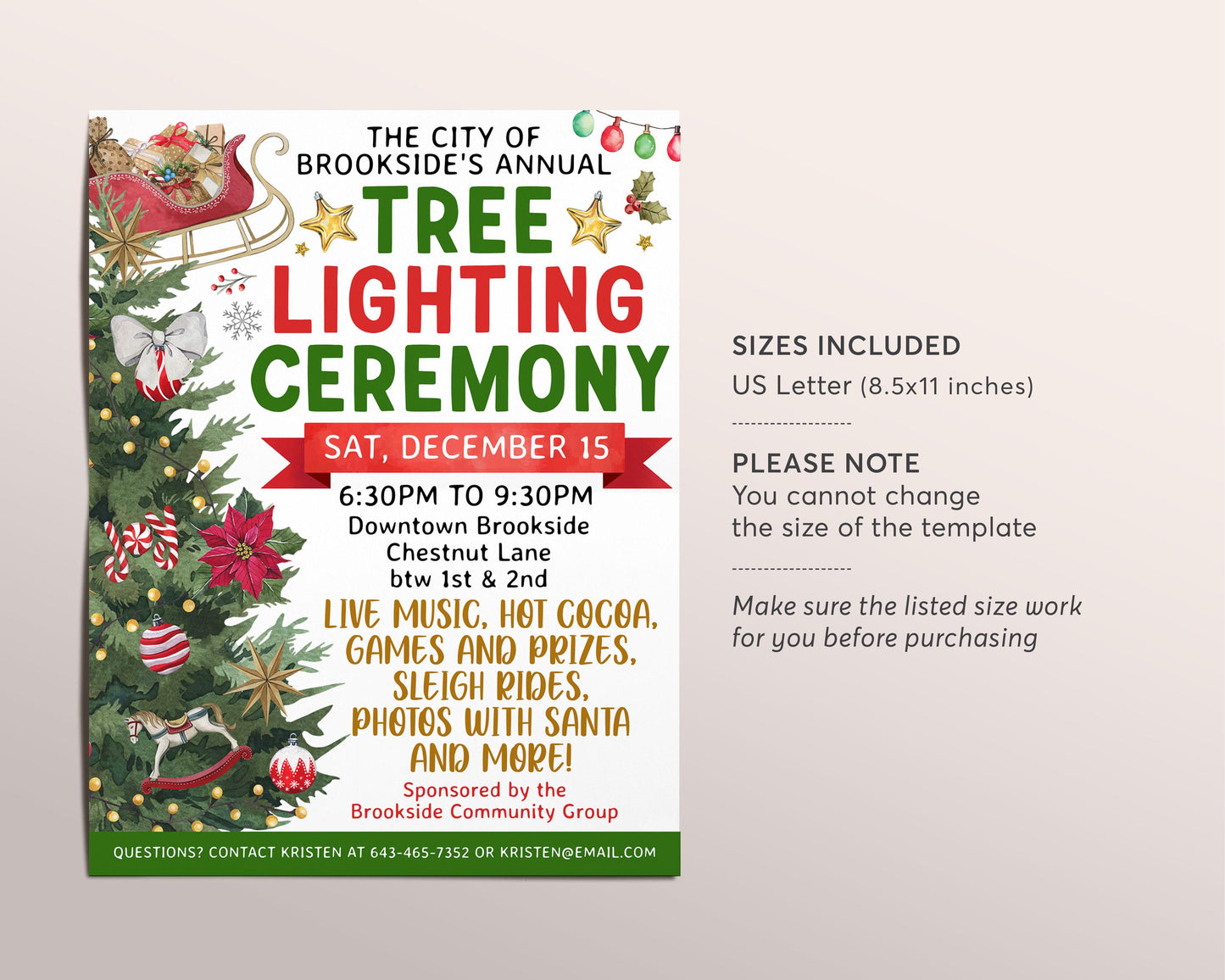 Christmas Tree Lighting Flyer Editable Template, Holiday Tree Lighting Ceremony, Winter Christmas Event Invitation School Church Community