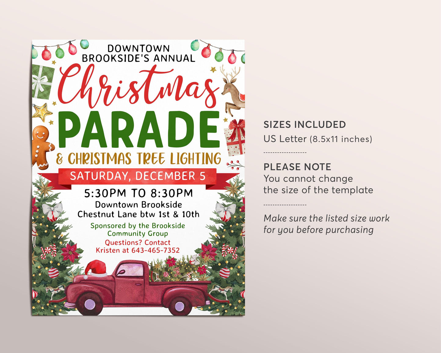 Christmas Parade Flyer Editable Template, Holiday Parade Flyer, Winter Christmas Tree Lighting Invitation, Festival School Church Community