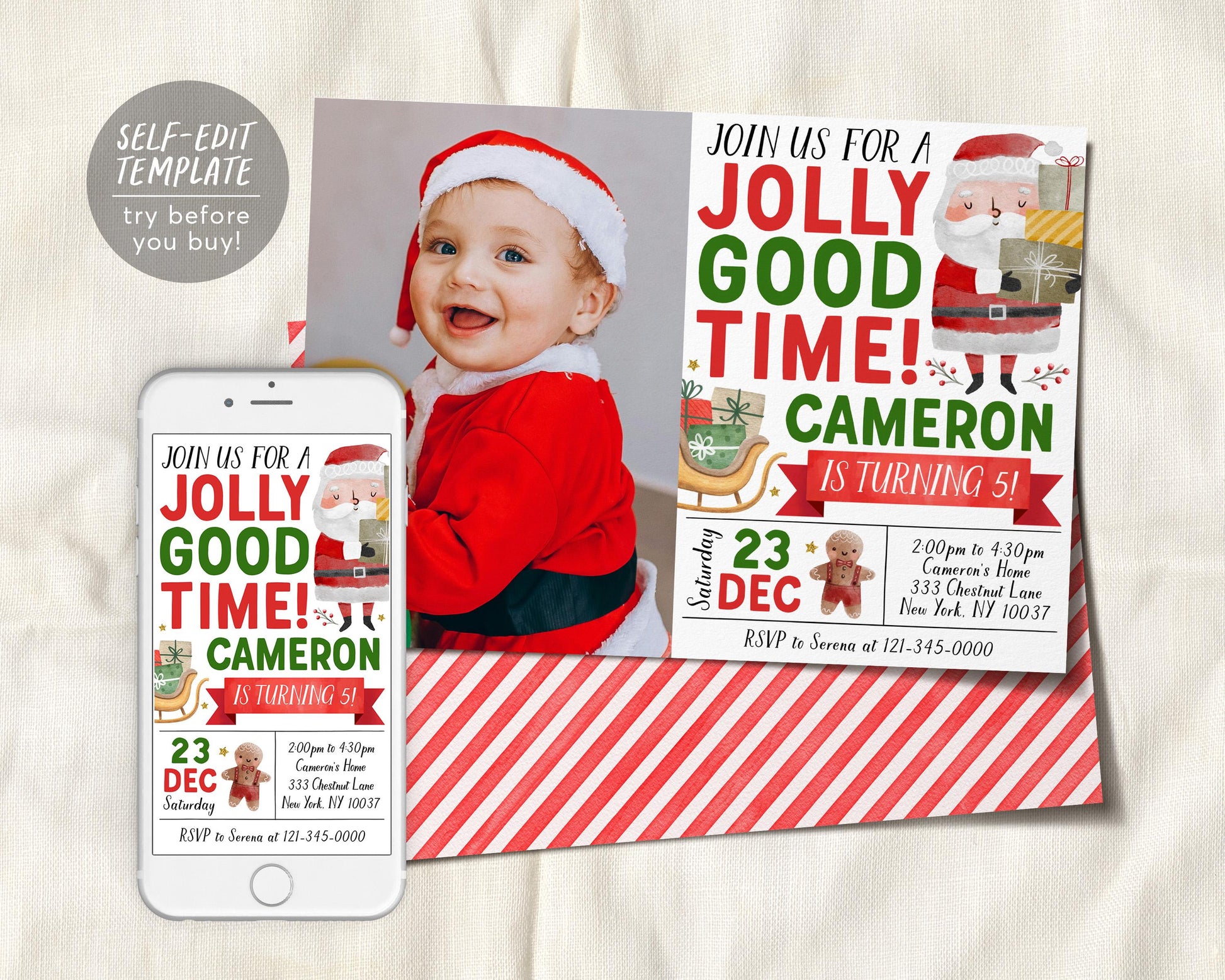 Christmas Jolly Good Time Birthday Invitation With Photo Editable Template