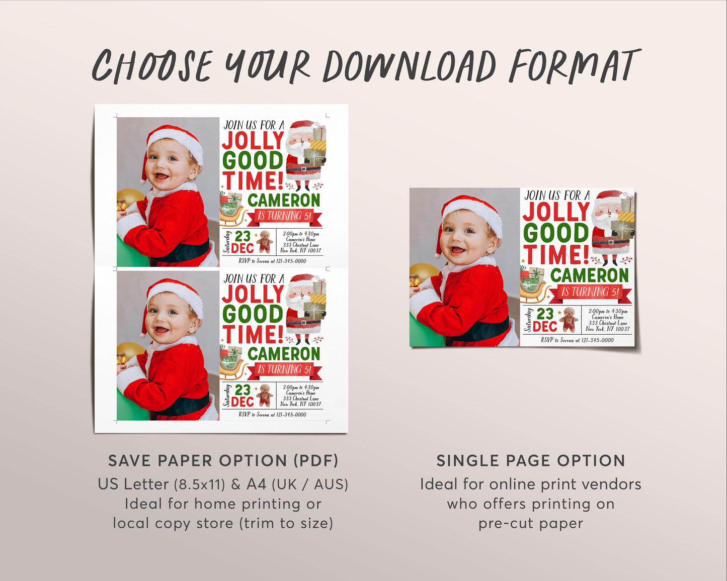 Christmas Jolly Good Time Birthday Invitation With Photo Editable Template, Santa Holiday Winter Party Invite, Kids Gingerbread Man Evite