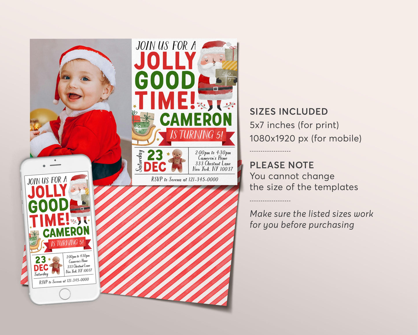 Christmas Jolly Good Time Birthday Invitation With Photo Editable Template, Santa Holiday Winter Party Invite, Kids Gingerbread Man Evite