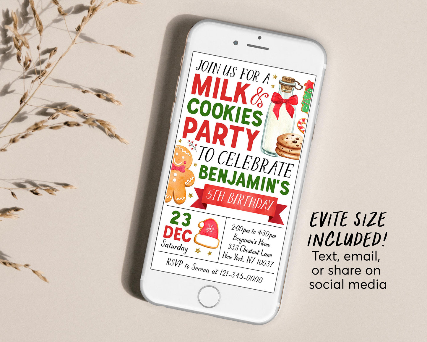 Christmas Milk and Cookies Birthday Invitation With Photo Editable Template, Kids Evite Holiday Cookie Decorating Winter Party Invite