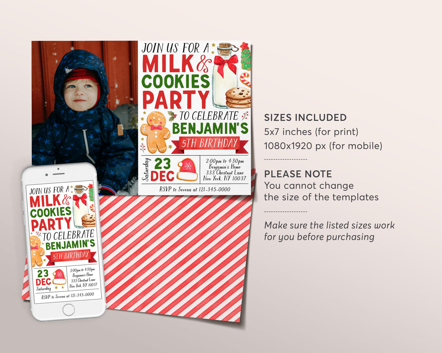 Christmas Milk and Cookies Birthday Invitation With Photo Editable Template, Kids Evite Holiday Cookie Decorating Winter Party Invite