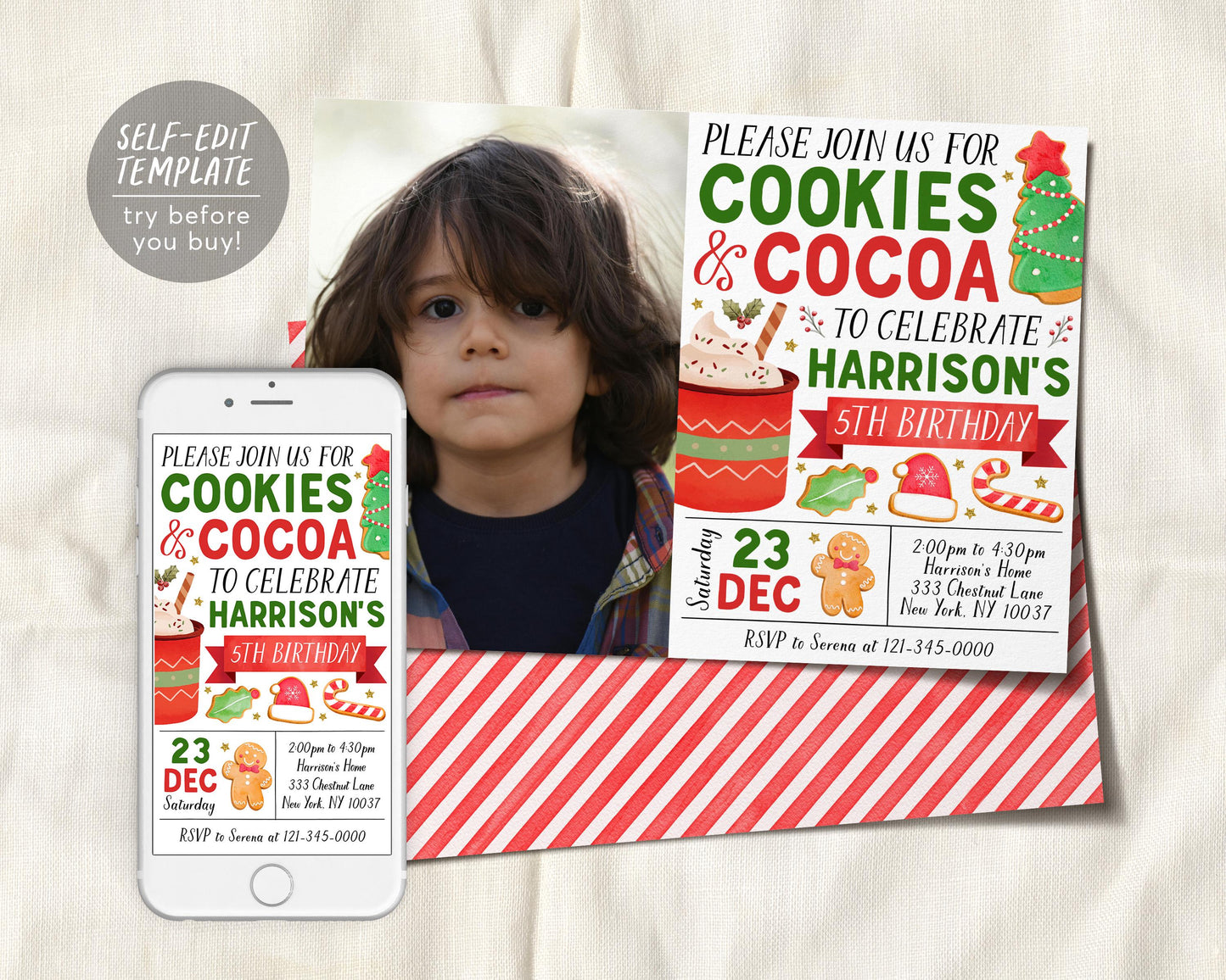 Cookies And Cocoa Birthday Invitation With Photo Editable Template, Kids Christmas Holiday Cookies And Hot Chocolate Party Invite Evite