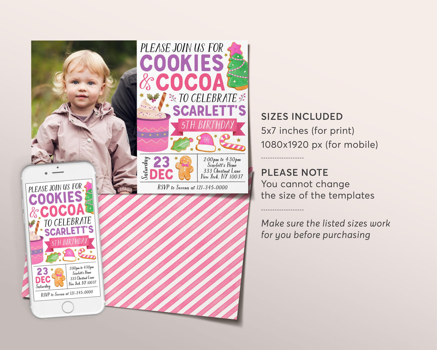 Cookies And Cocoa Birthday Invitation With Photo Editable Template, Kids Girl Christmas Holiday Cookies Hot Chocolate Party Invite Evite