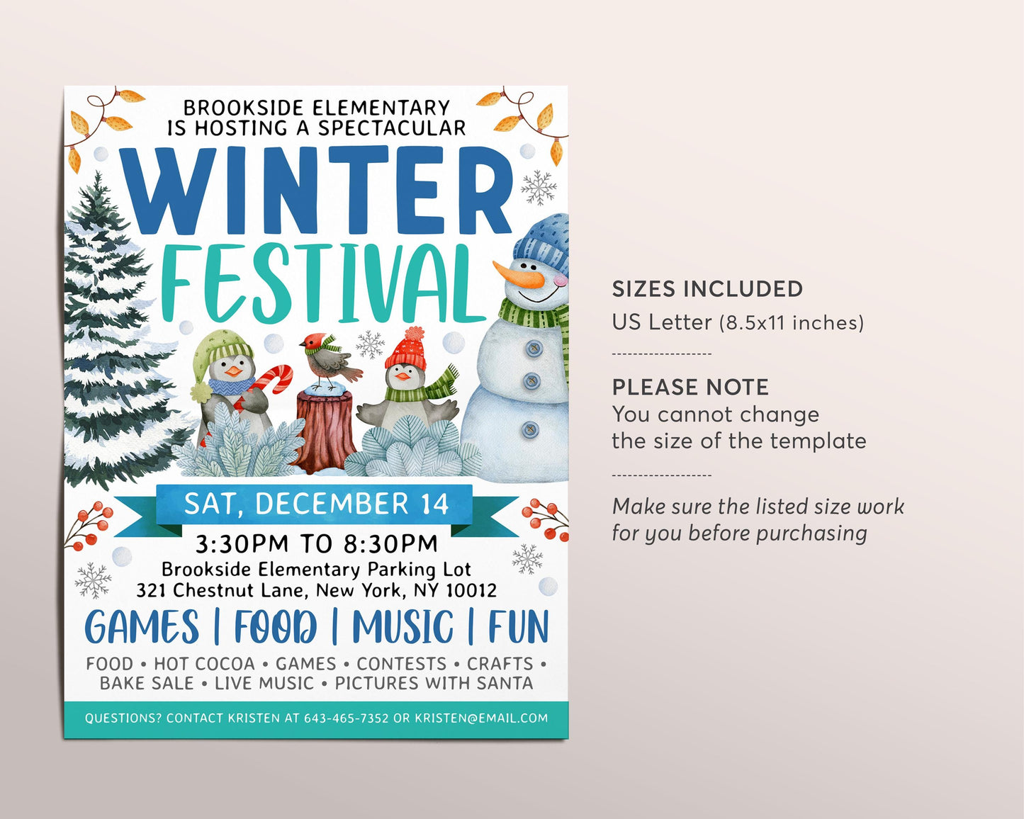 Winter Festival Flyer Editable Template, Holiday Festival Fundraiser Flyer Poster, Christmas Festive Invitation, School Church Community