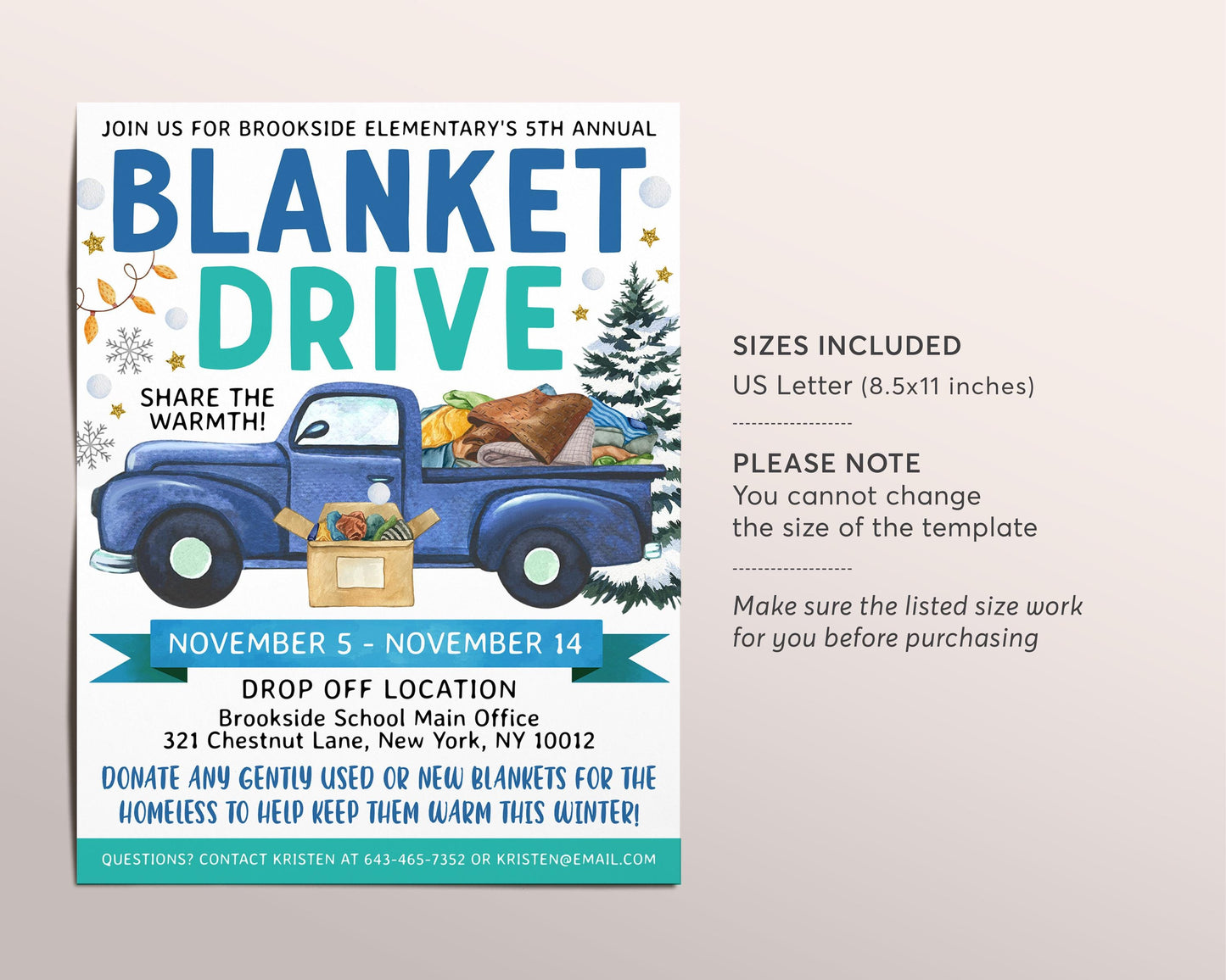 Blanket Drive Flyer Editable Template, Holiday Blanket Donation Fundraiser Poster, Winter Blanket In Need Flyer, School Church Community