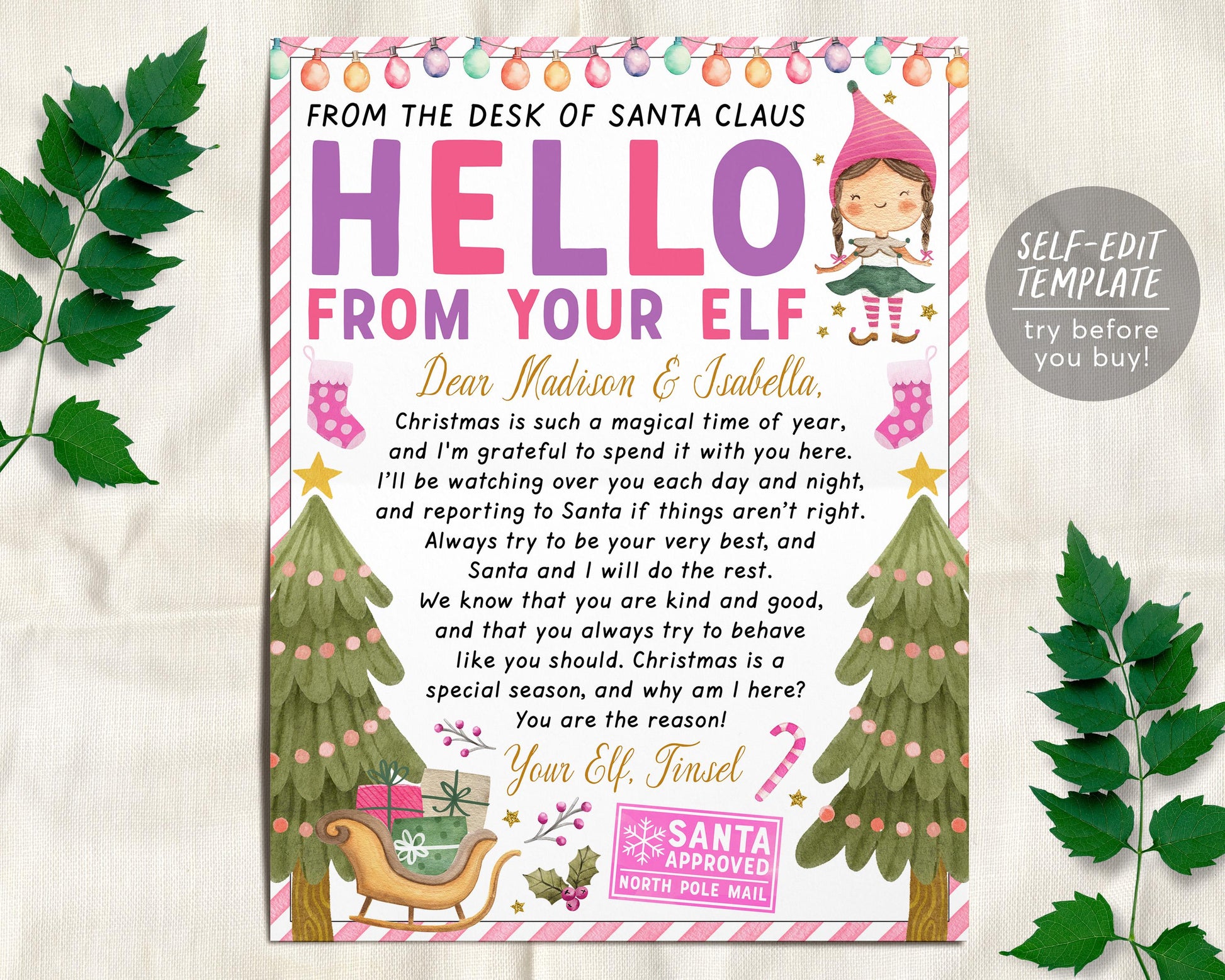 Pink Girl Elf Hello Letter Editable Template