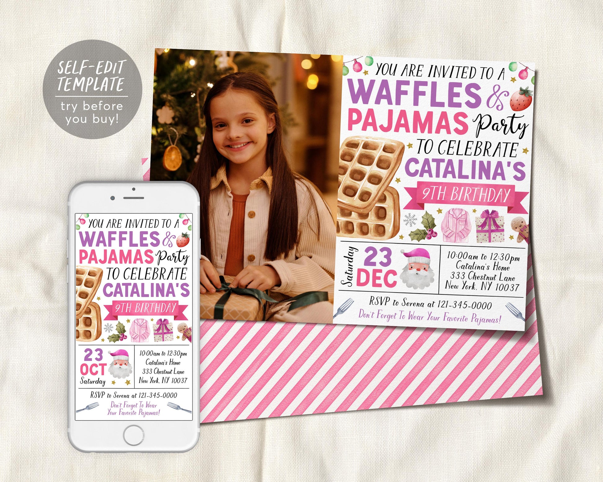 Christmas Waffles and Pajamas Birthday Invitation With Photo Editable Template