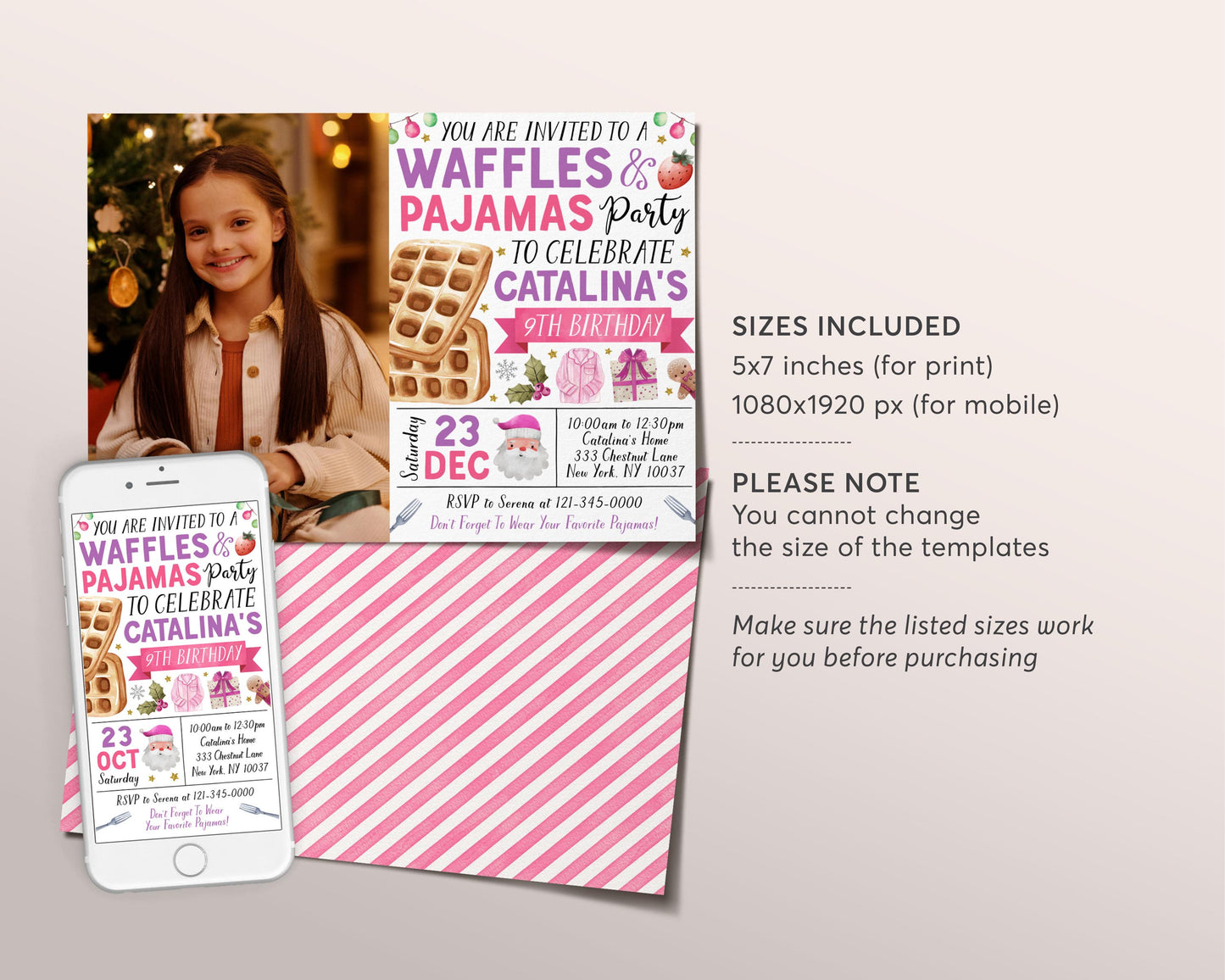 Christmas Waffles and Pajamas Birthday Invitation With Photo Editable Template, Girl Brunch Waffles With Santa Party Invite, Breakfast Evite