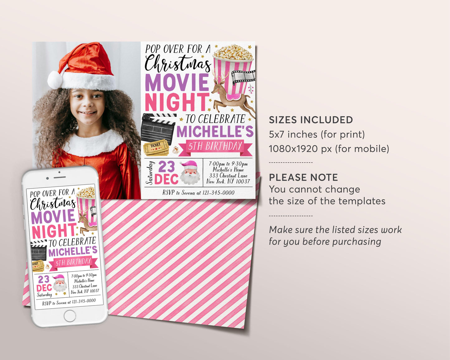 Christmas Movie Night Birthday Invitation With Photo Editable Template, Kids Girl Backyard Outdoor Movie Night Invite, Holiday Movie Evite