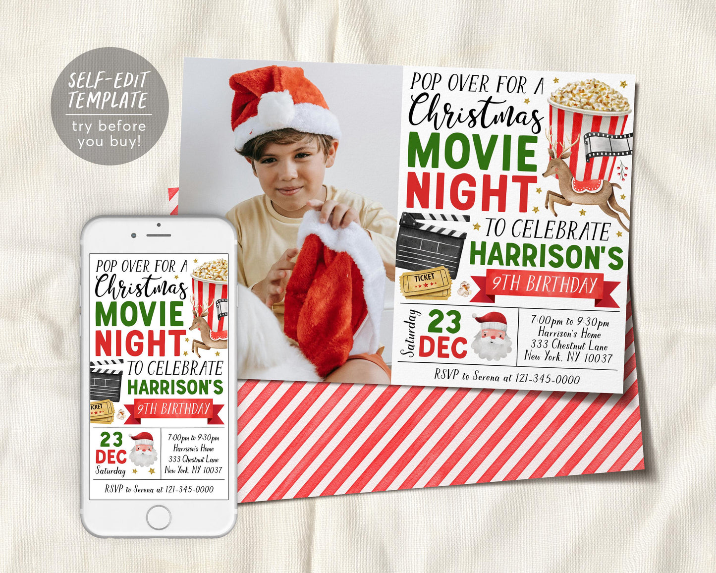 Christmas Movie Night Birthday Invitation With Photo Editable Template