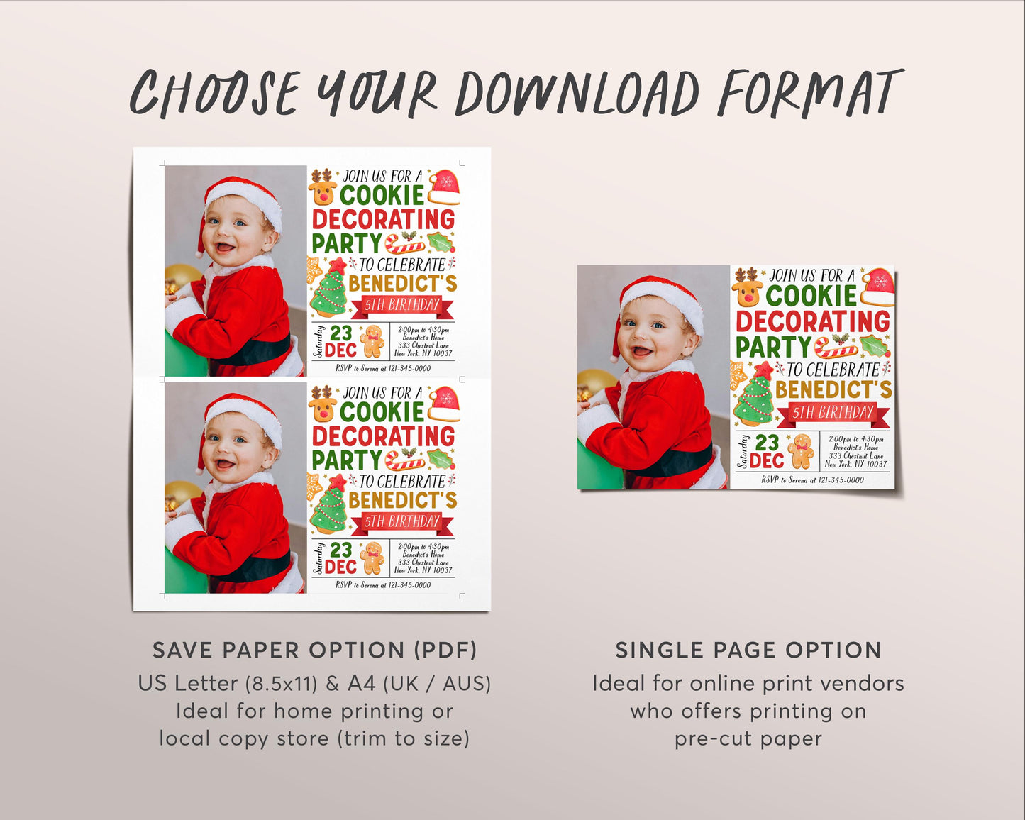 Christmas Cookie Decorating Birthday Invitation With Photo Editable Template, Holiday Kids Baking Party Invite, Santa Gingerbread Man Evite