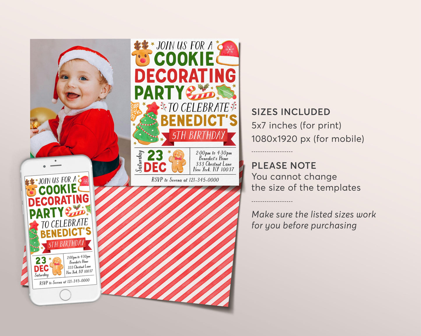 Christmas Cookie Decorating Birthday Invitation With Photo Editable Template, Holiday Kids Baking Party Invite, Santa Gingerbread Man Evite