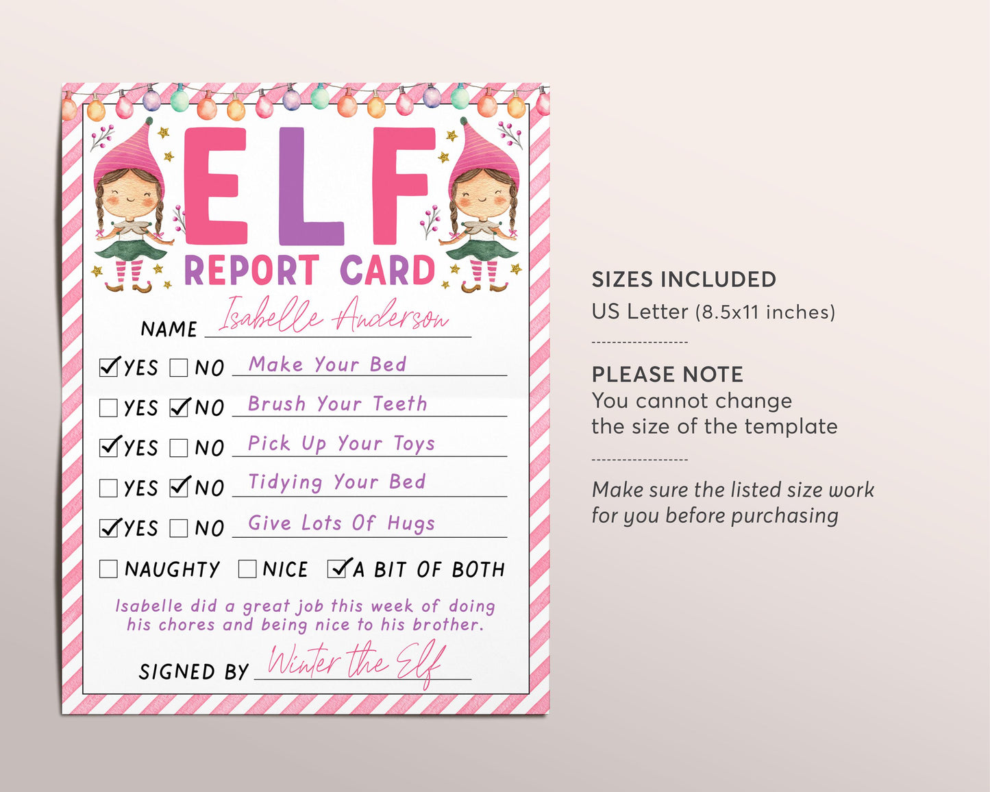 Pink Girl Elf Report Card Editable Template, Christmas Elf Report Letter Naughty Or Nice, Santa Claus Report Card, North Pole Official Mail